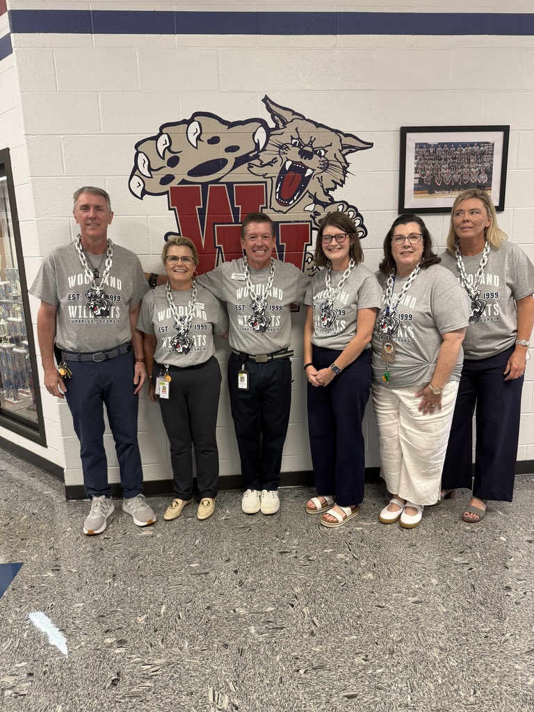 Seven individuals in matching gray t-shirts pose together in front of a wall with a school logo.