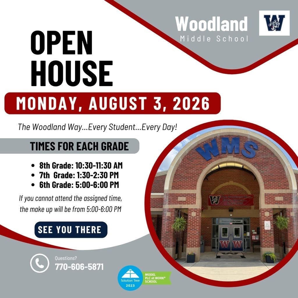 An open house event at Woodland Middle School on August 3, 2026, with different times for each grade.