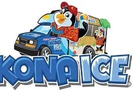A blue ice cream truck with a penguin driver and the words "KONA ICE" on a white background.