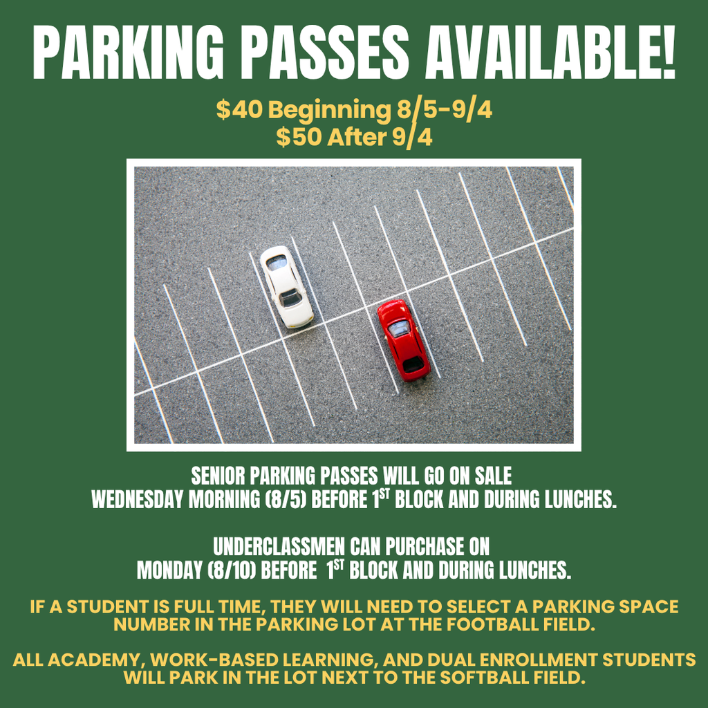Will go on sale to seniors Wednesday morning. They will be on sale before 1st block and during lunches. Underclassmen can purchase parking permits starting next Monday, August 10. If the student is a full-time student, then they need to select a parking space number in the parking lot at the football field. All academy students, work-based learning students and dual enrolled students will park in the lot next to the softball field.