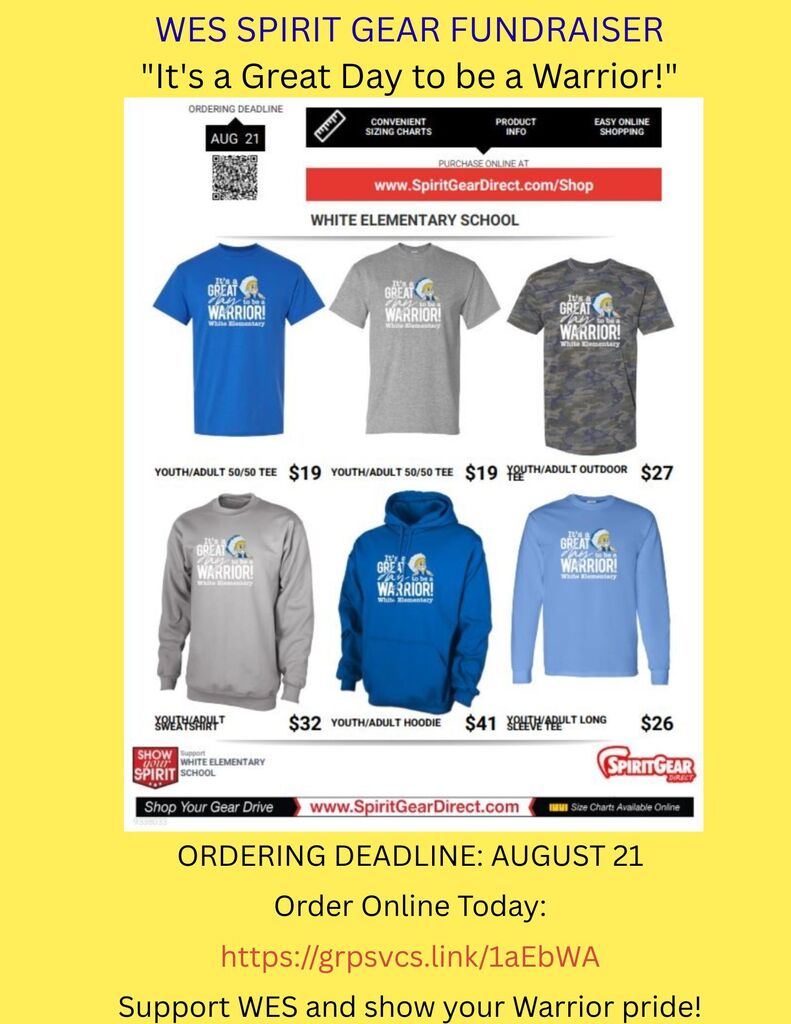 Flyer displays clothing items, including T-shirts, hoodies, and sweatshirts, with pricing and ordering information. Deadline is August 21.