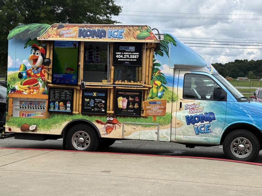 Ice cream truck parked on the side of a road with a tropical theme, featuring cartoon characters and a blue and white design.