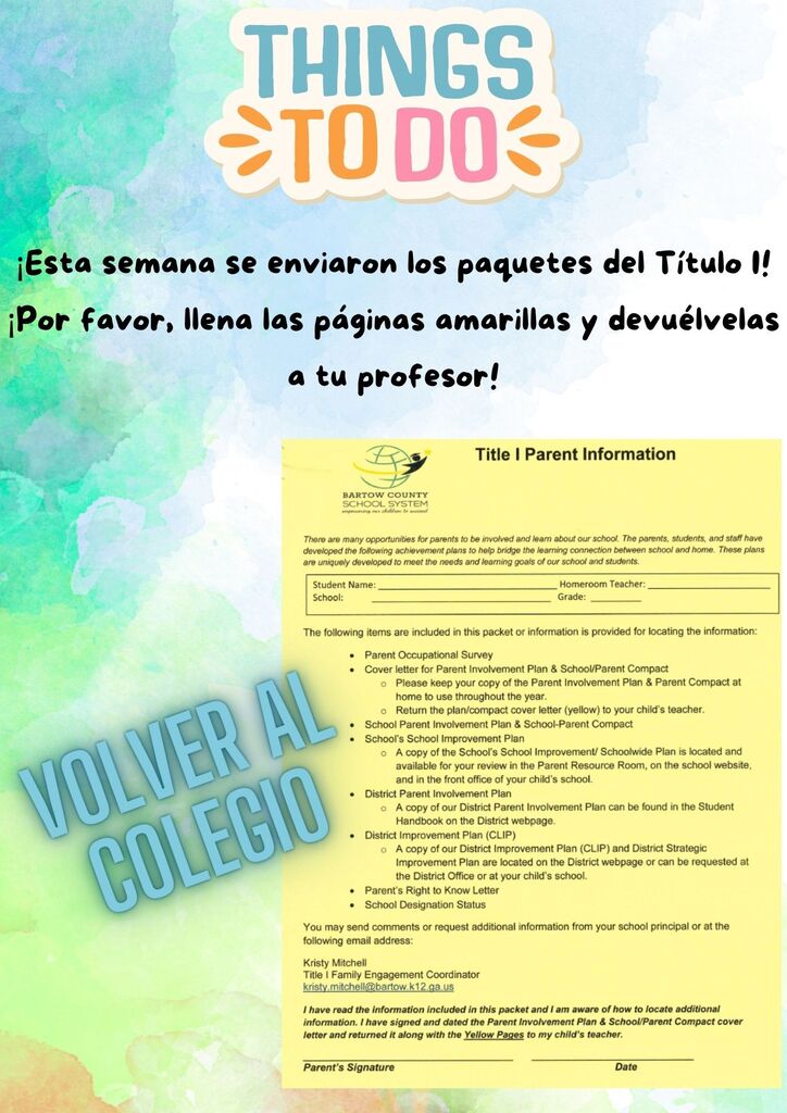Esta semana se enviaron los paquetes del Titulo I! Por favor, llena las paginas amarillas y devuelvelas a tu profesor! Volver Al Colegio. Image of yellow form accompanies text. 