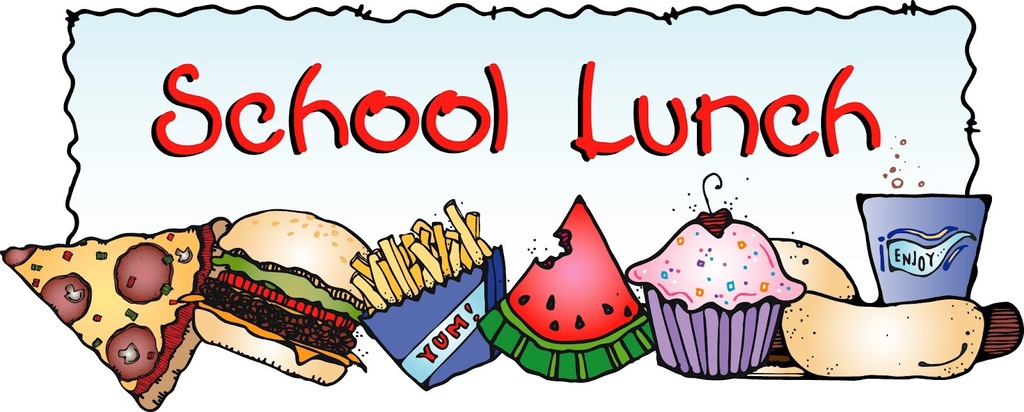 Illustration with a variety of foods labeled "School Lunch". Items include pizza, burger, fries, watermelon, cupcakes, and hot dogs.