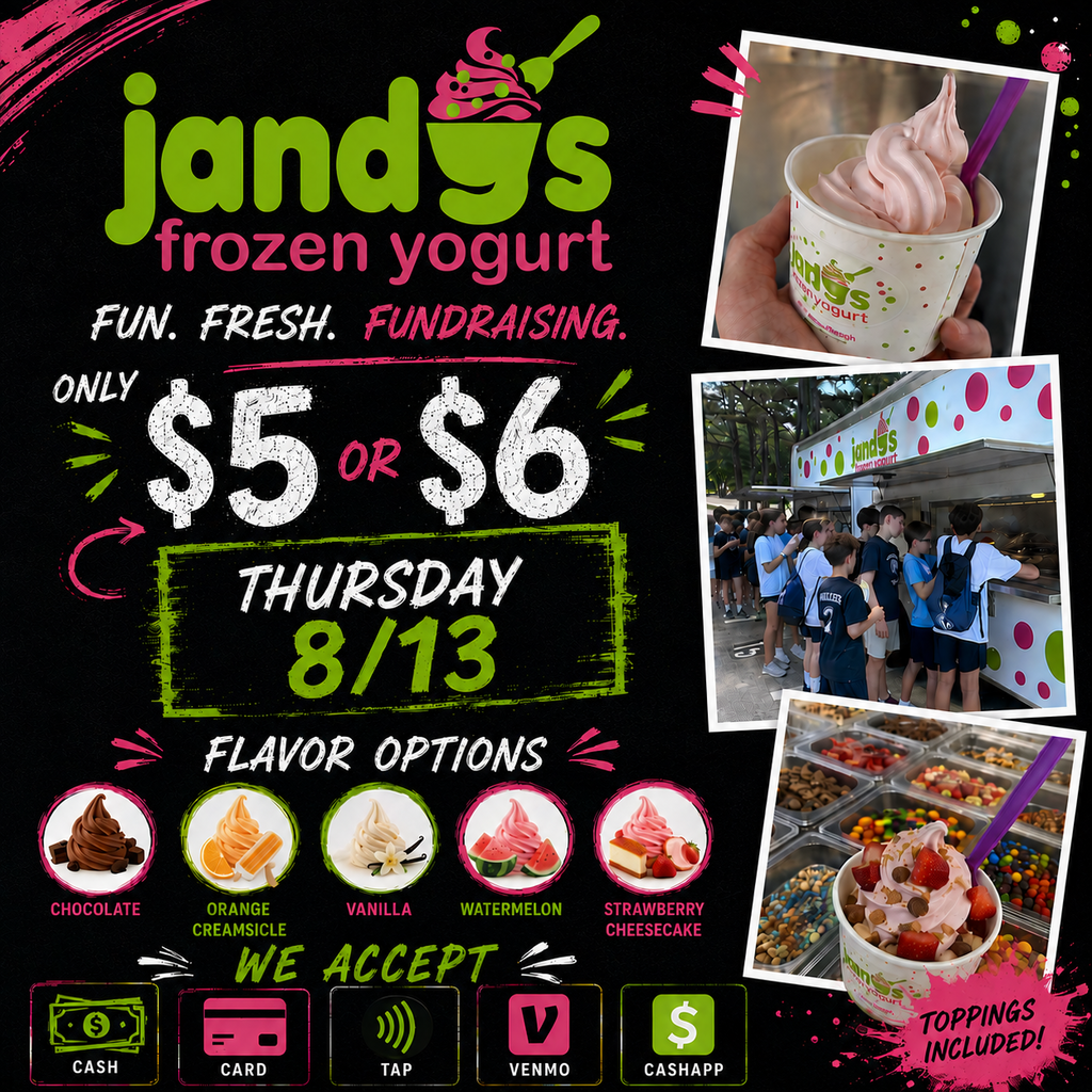 A black poster advertising frozen yogurt. Multiple images of yogurt bowls, a yogurt stand, and people.
