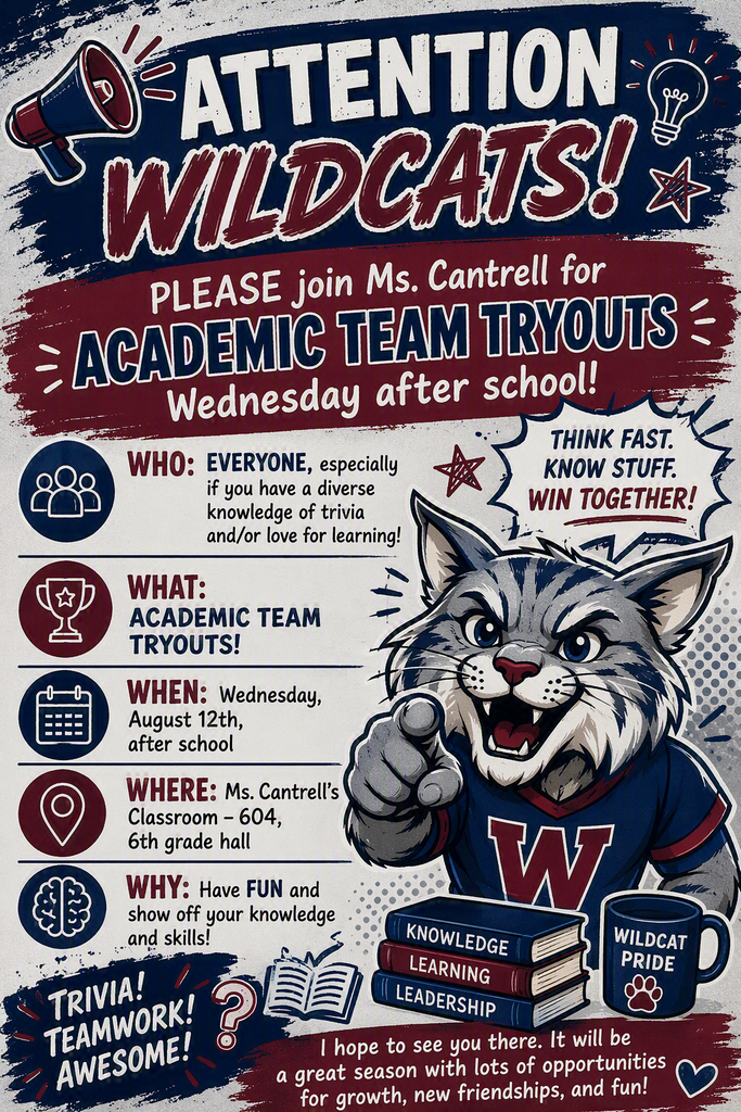 A poster with a cartoon cat wearing a jersey. It invites students to join Academic Team Tryouts after school on Wednesday.