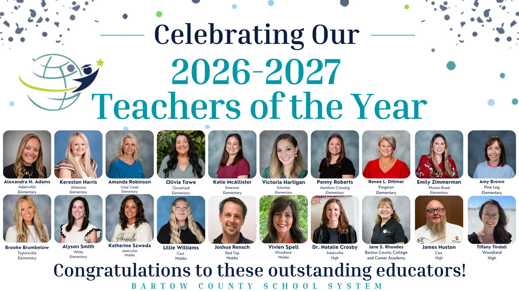 Display honoring outstanding teachers, featuring headshots of 16 educators. Text reads: "Celebrating Our 2026-2027 Teachers of the Year" and "Congratulations to these outstanding educators!"