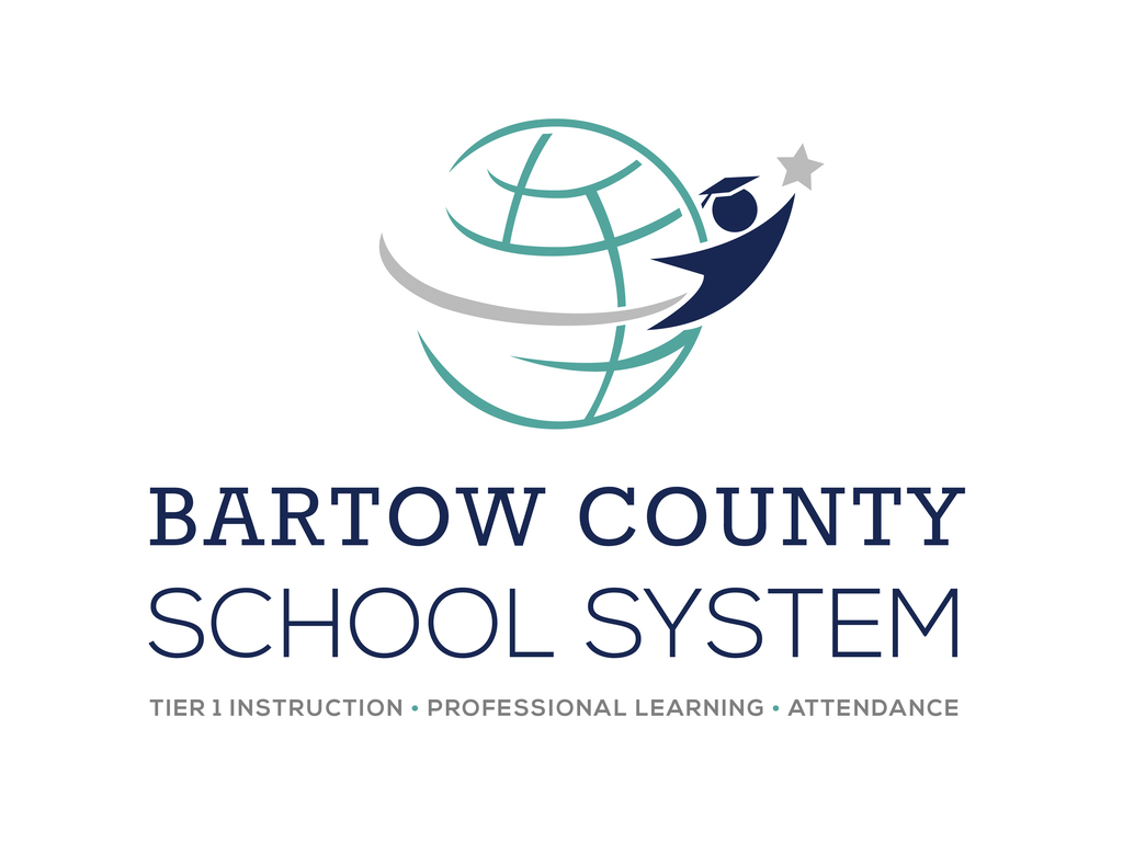 Bartow County School System logo features a globe with a graduation cap and star. The name is in blue and green.