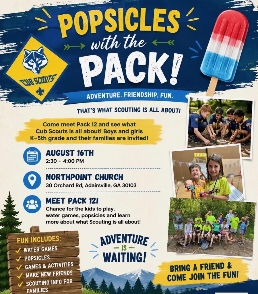 Event flyer with images of kids, a sign, and a popsicle. Text reads: "Popsicles with the Pack! August 16th, 2:30-4:00 PM, Northpoint Church."