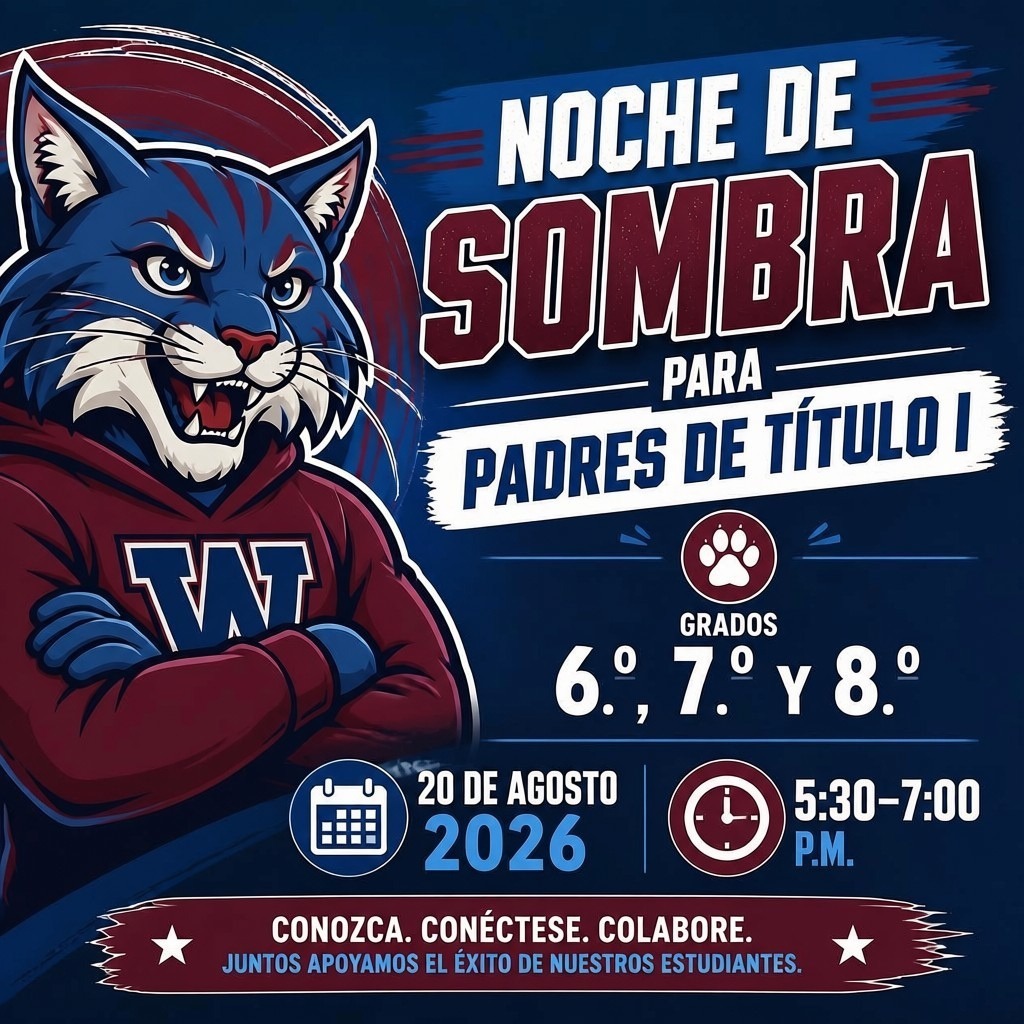 An event flyer features a cartoon lynx wearing a red shirt and blue gloves. It says "Noche de Sombra para Padres de Título".