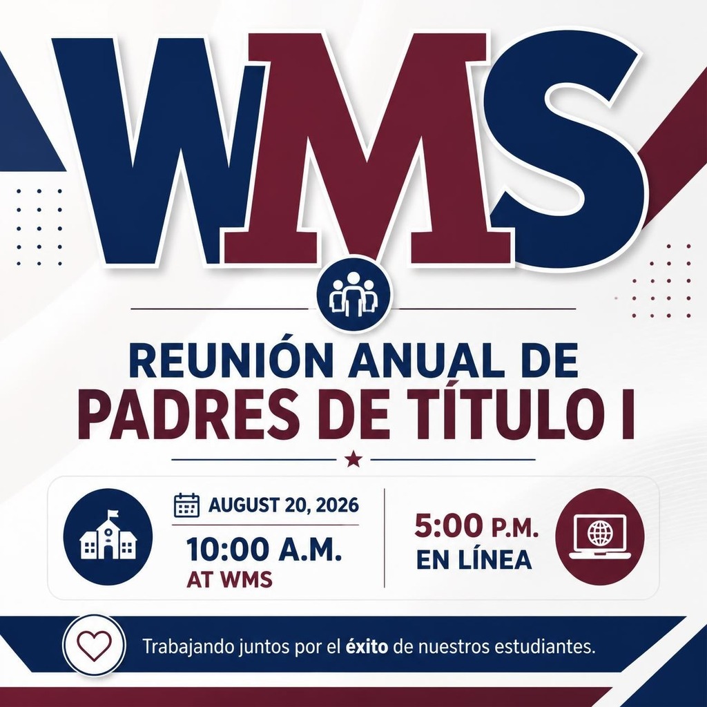 Poster with "WMS" in large maroon and blue letters. Times and dates are listed with icons.