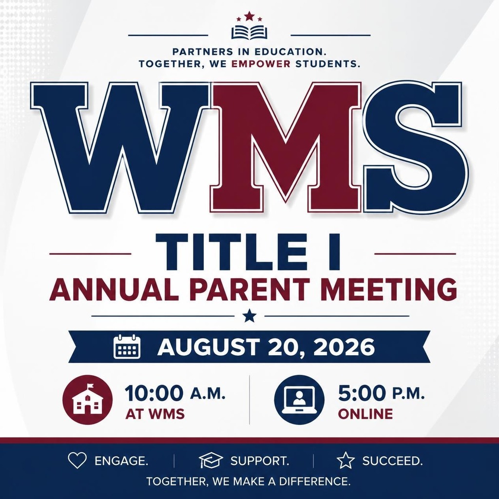 A poster announces a Title I Annual Parent Meeting on August 20, 2026, at 10:00 a.m. and 5:00 p.m. in person and online.
