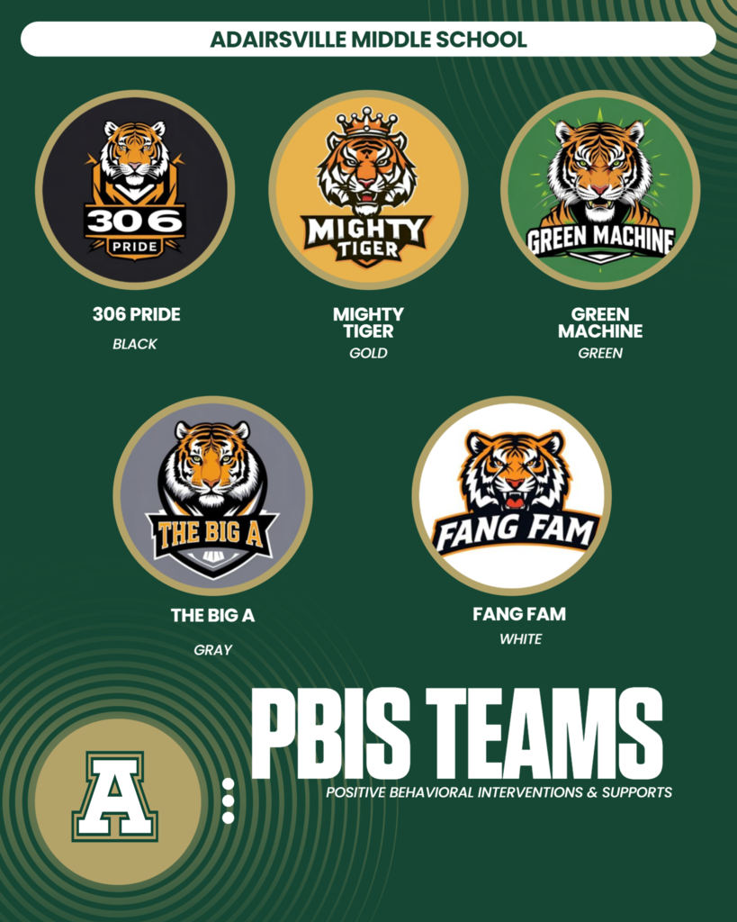 Six circular logos for Adairsville Middle School teams. Logos include colors black, gold, green, gray, and white. Logos feature tiger heads, crowns, and text.