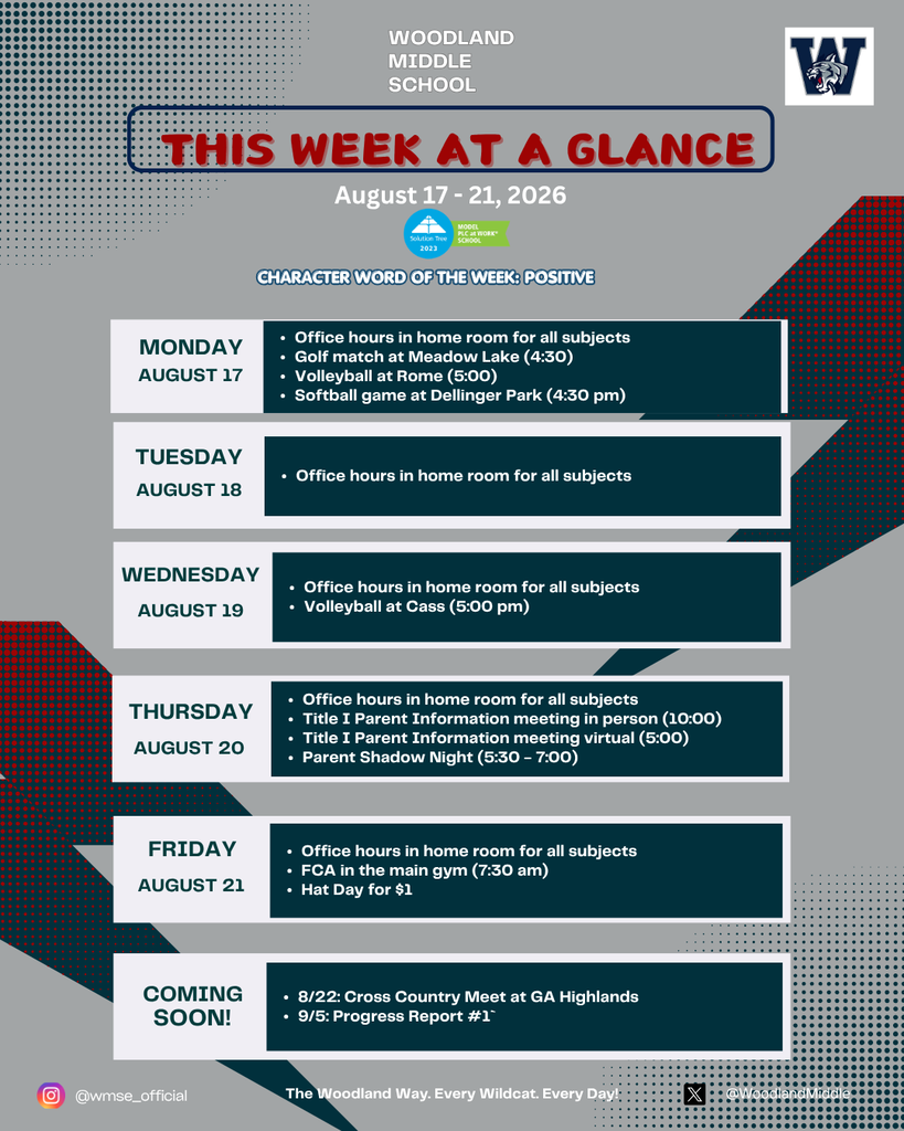 A weekly school schedule for August 17-21, 2026, shows activities such as office hours and a golf match, along with the character word of the week.
