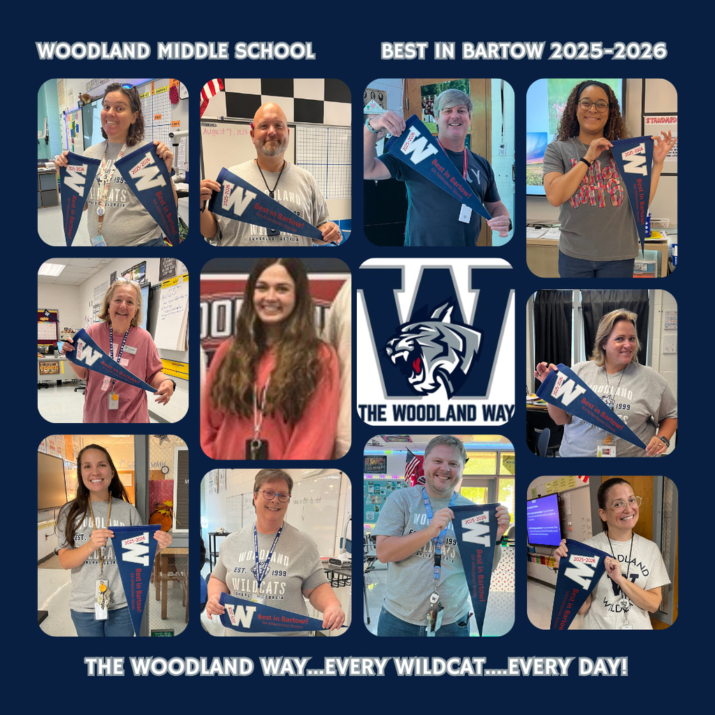 A collage of photos of people holding Woodland Middle School banners, set against a blue background.