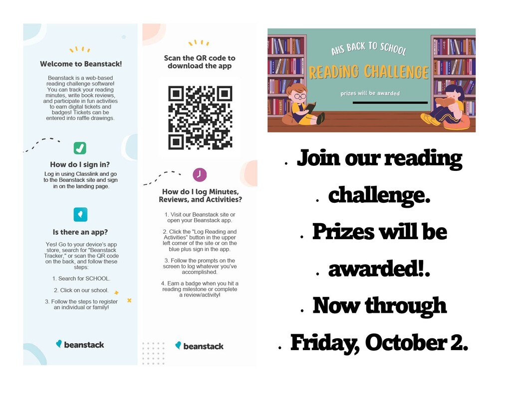 Advertisement with two panels. Left, instructions for a school reading challenge. Right, a boy and girl in a library.