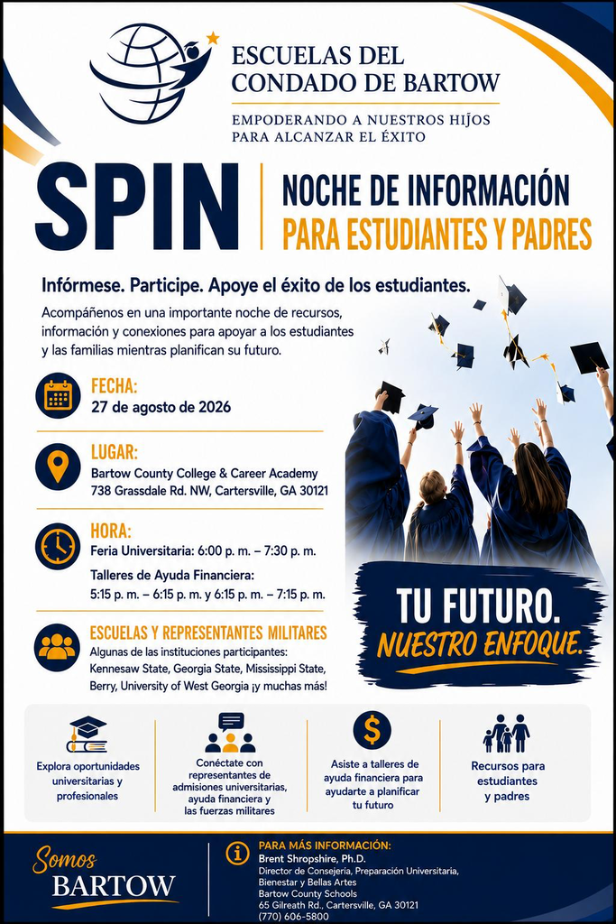 Flyer for an information night at Bartow County schools. Features graduates in caps and gowns.