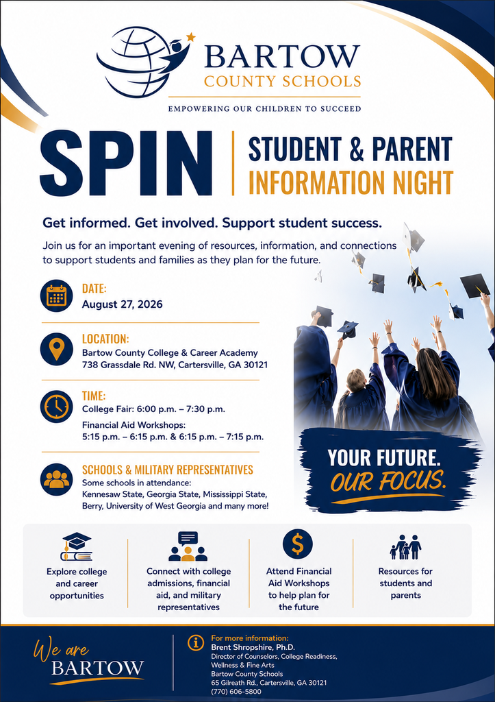 A poster announces a Spin event for students and parents. It includes date, time, location, and event details.