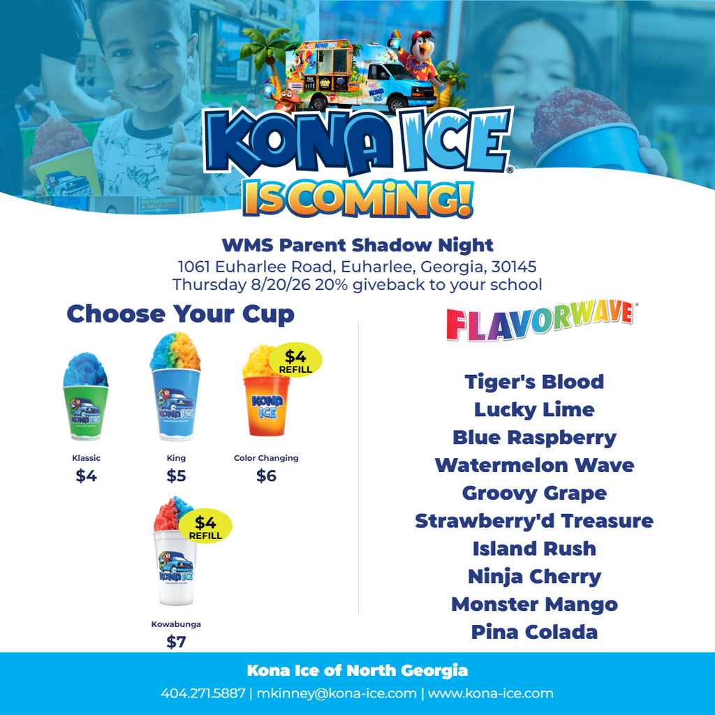 Advertisement with children holding ice cream. Text reads "Kona Ice is Coming!" and "Choose Your Cup." Various flavors listed.