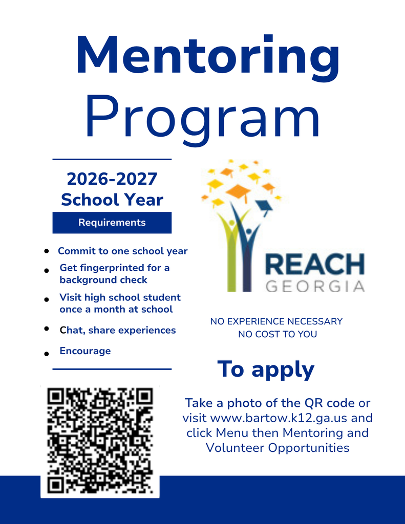 Poster for Mentoring Program 2026-2027 school year. Requirements include: commit to one school year, get fingerprinted, visit high school student once a month, chat, share experiences, and encourage. No experience necessary, no cost.
