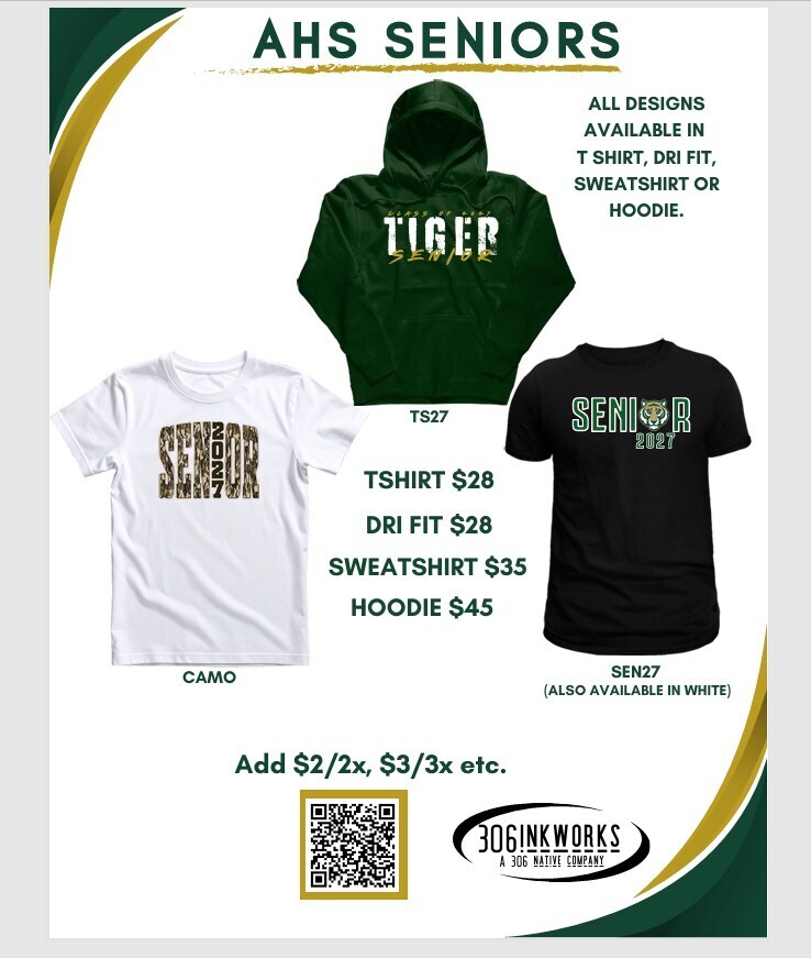 A poster shows three clothing items: a green hoodie, a white t-shirt, and a black t-shirt. Text describes the items and their prices.