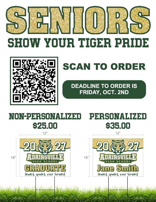 An advertisement for high school senior yard signs with a QR code, a deadline, and pricing.