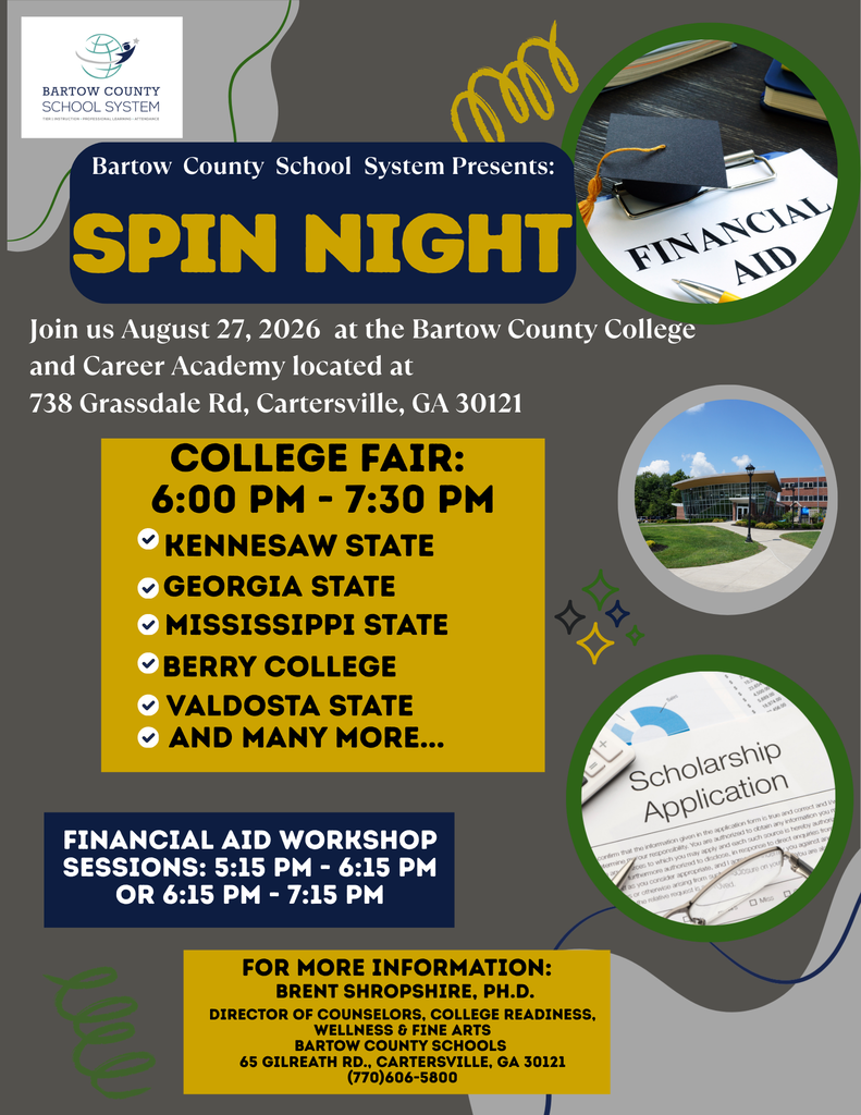Event poster titled "Spin Night" includes a college fair, financial aid sessions, and contact info.