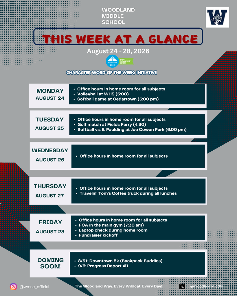 A weekly schedule displays dates August 24 to August 28, 2026, with activities like office hours, sports events, and a fundraiser.