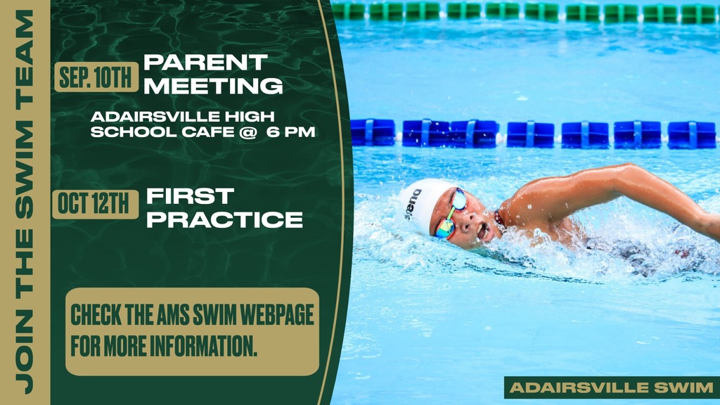 Poster with a swimmer in a pool, green background, and text about an upcoming parent meeting and first practice.