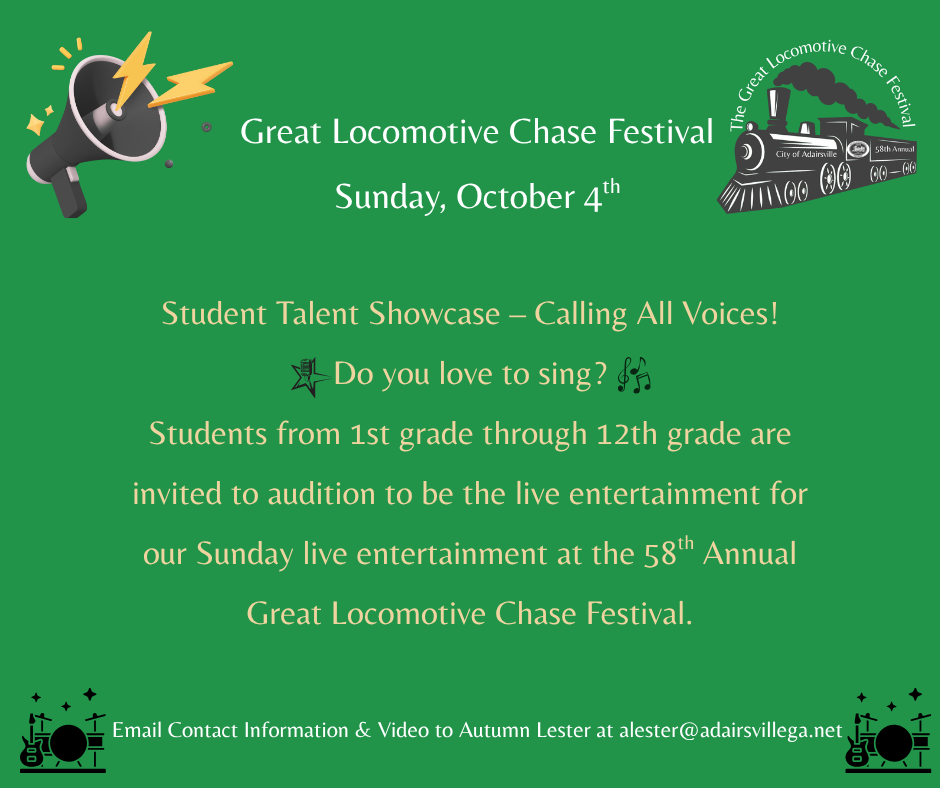A poster advertises the Great Locomotive Chase Festival on Sunday, October 4th. It features a train and a megaphone.