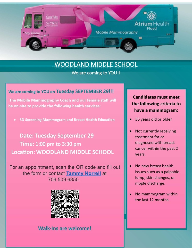 A pink and blue mobile mammography vehicle. Text describes an event on September 29, 1:00-3:30 pm, at Woodland Middle School.