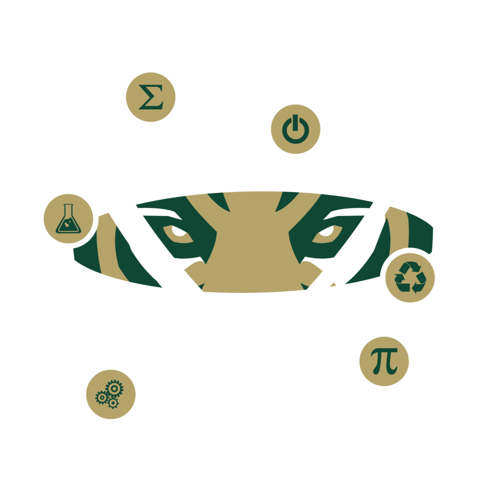 A circular design with a cat head in the center, surrounded by a pattern of green and gold. Symbols for science, power, and math are scattered around the circle.