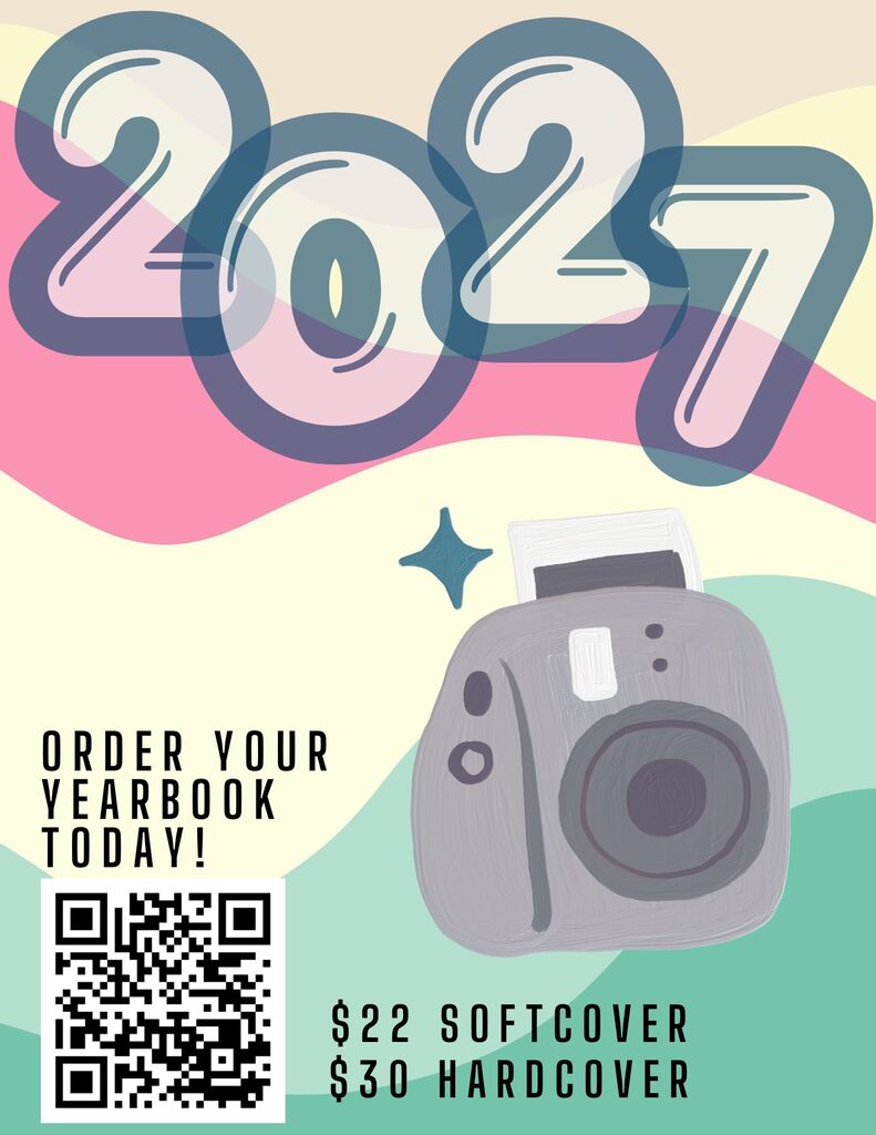 A colorful, digital flyer for ordering a yearbook with a camera graphic, year 2027, price options, and a QR code.