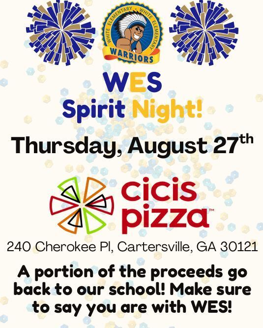 A flyer for ESS Spirit Night on Thursday, August 27th. It includes fireworks and the logo for Cicis Pizza.