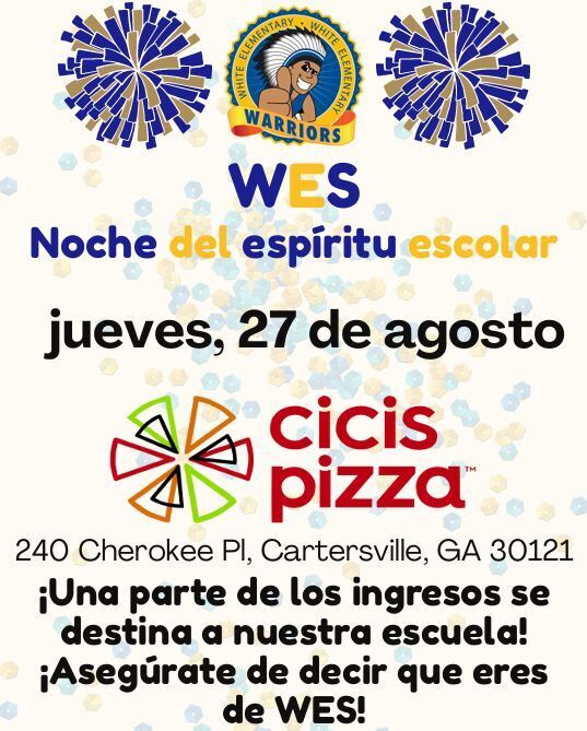 An event poster with logos and fireworks. Text reads "Noche del espiritu escolar jueves, 27 de agosto" and "cicis pizza" in Spanish.