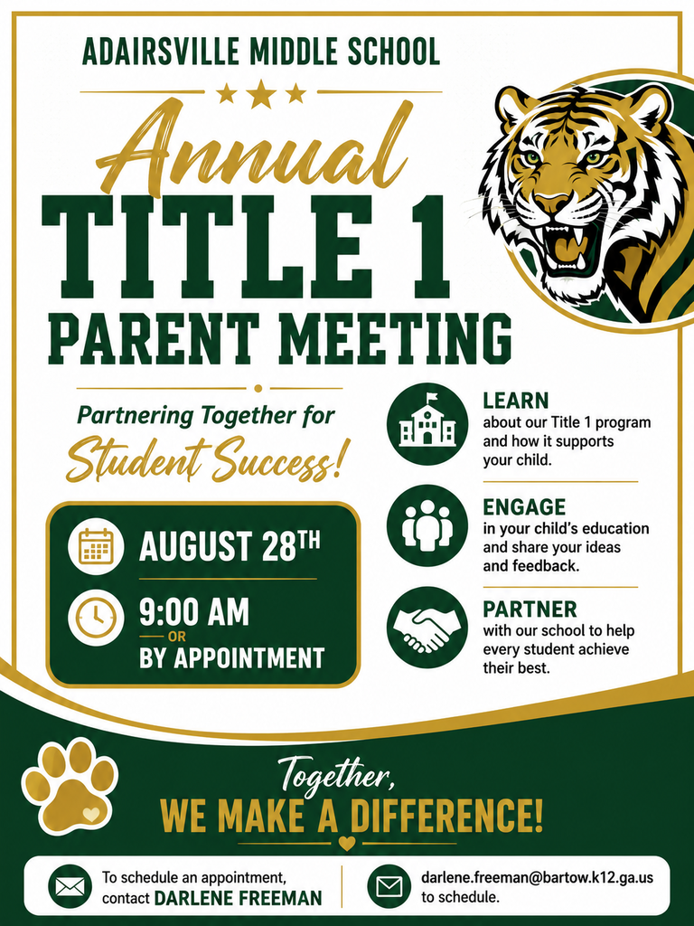 Poster with green and white background. Header reads "Annual Title 1 Parent Meeting." Date, time, and information about the meeting.