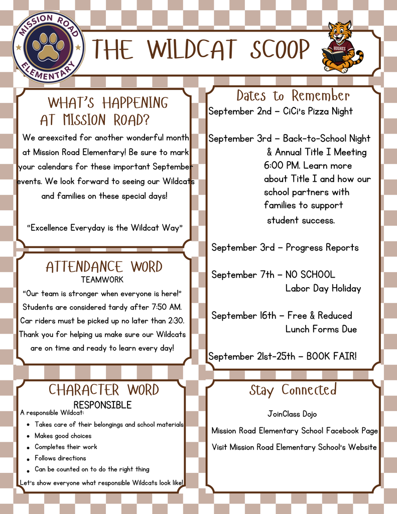 MRES September newsletter. It communicates dates to remember, our attendance word is Teamwork, our character word is responsible