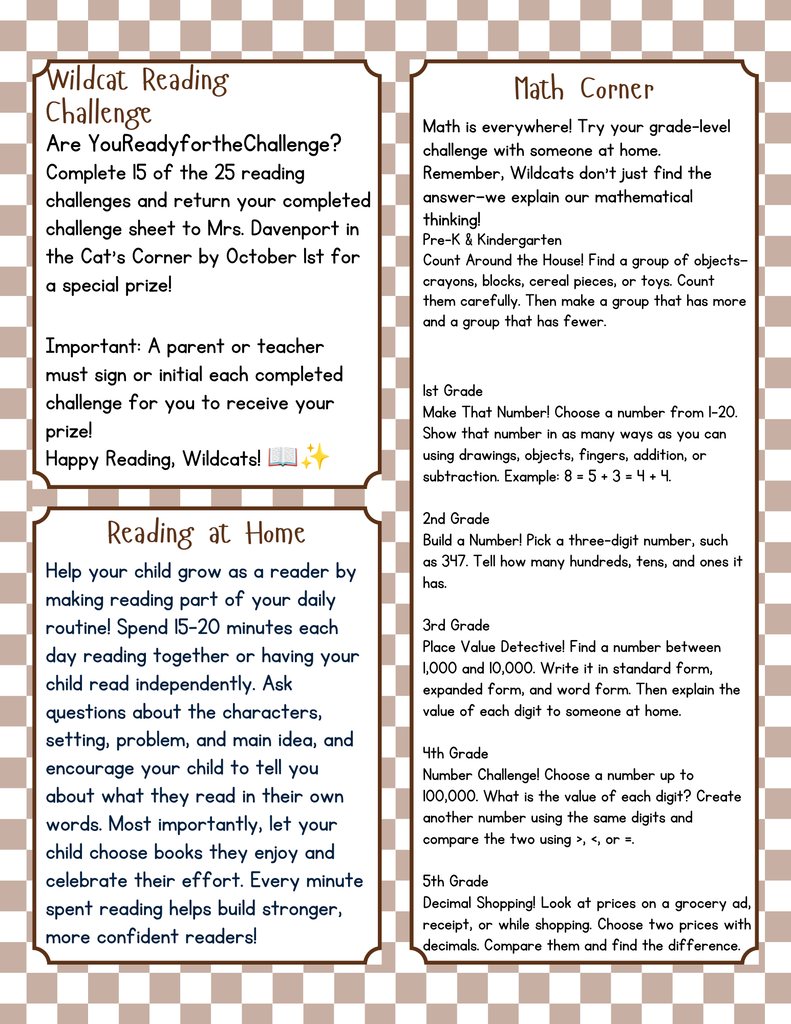 MRES page 2 of newsletter. It communicates Wildcat Reading Challenge, Reading at Home, and Math Corner