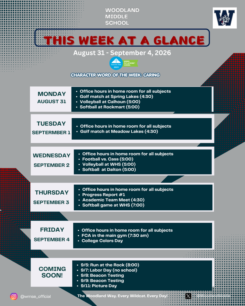 Poster with a gray, white, and red background. It reads "This Week at a Glance" above a schedule from August 31-September 4, 2026.