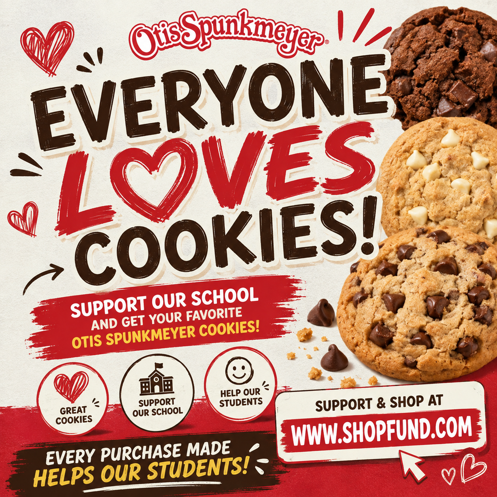 Poster advertising Otis Spunkmeyer cookies with red hearts, text, and images of cookies. Website www.shopfund.com is displayed.