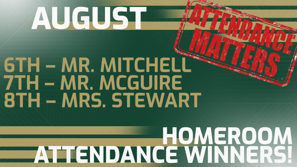 Green background with gold stripes. Text reads "August" at top, followed by a list of names.