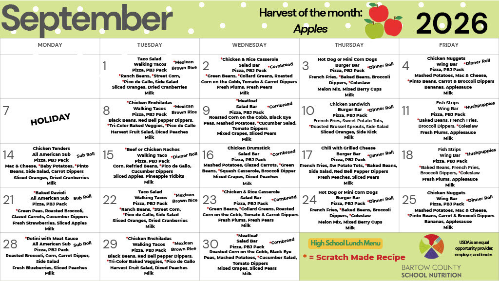 A menu and calendar for September 2026. The words "Harvest of the month" and "Apples" appear at the top.