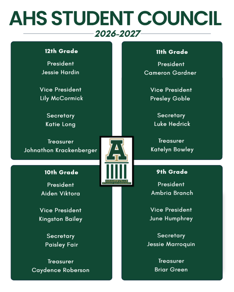A poster displays names and roles for the 2026-2027 AHS Student Council. Sections for 12th, 11th, 10th, and 9th grades. An ADA compliant link has been included in the original post