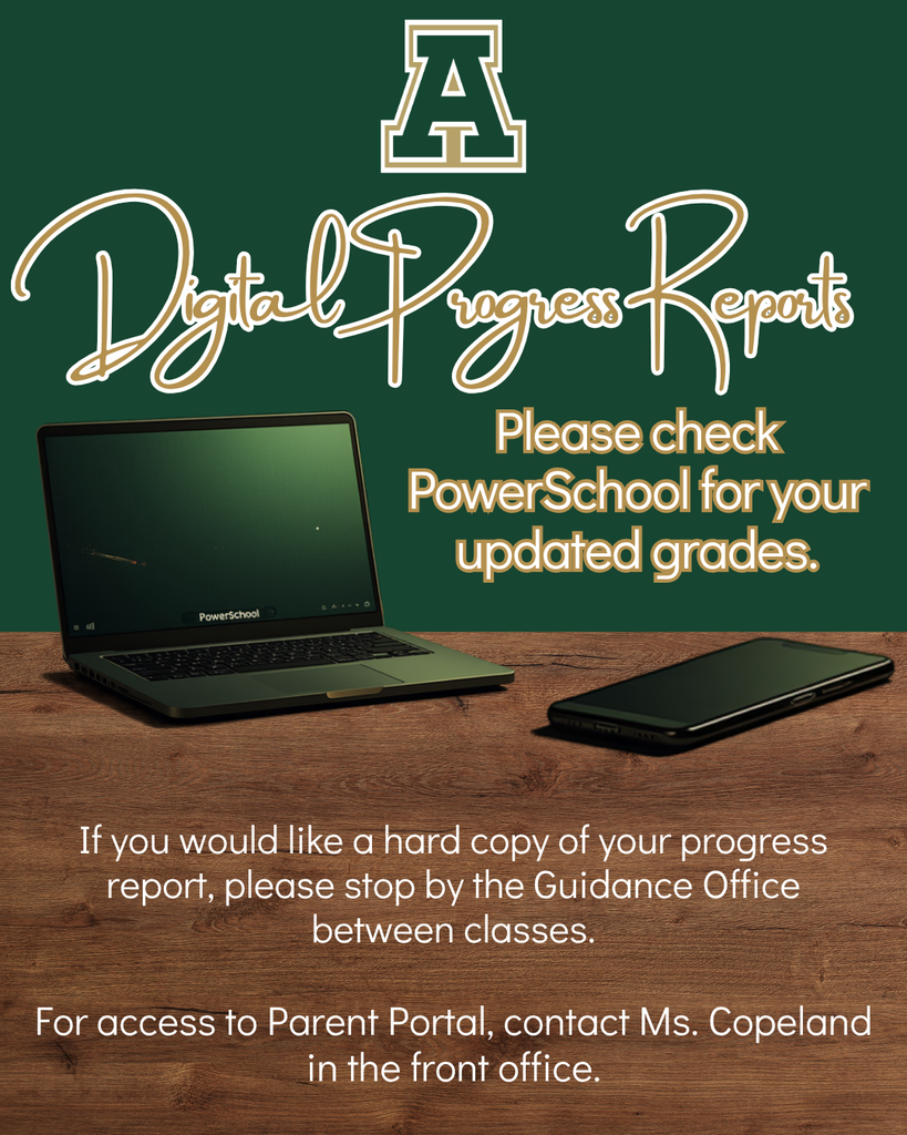 A green background with a laptop and phone displaying text about digital progress reports, a guidance office, and contacting Ms. Copeland.