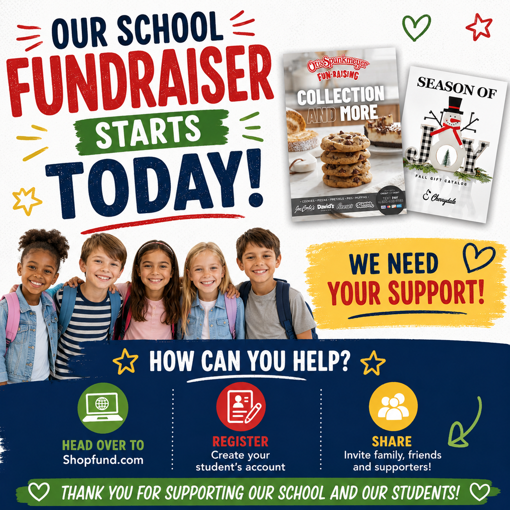 Advertisement for school fundraiser featuring children, a snowman, cookies, and text explaining how to support.