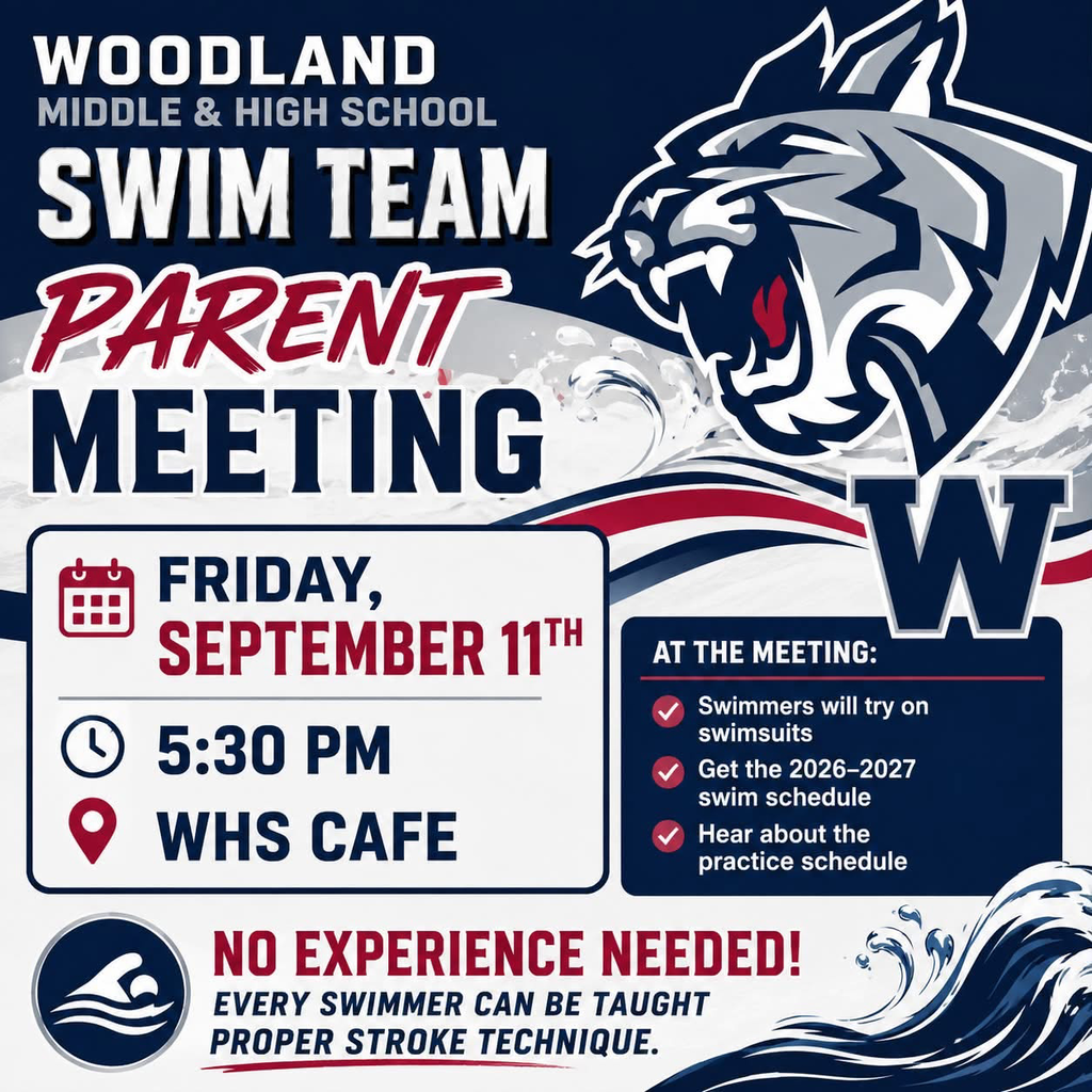 Blue and white poster with a tiger logo. Text: Woodland Middle & High School Swim Team Parent Meeting. Date: Friday, September 11th. Time: 5:30 PM. Location: WHS Cafe.