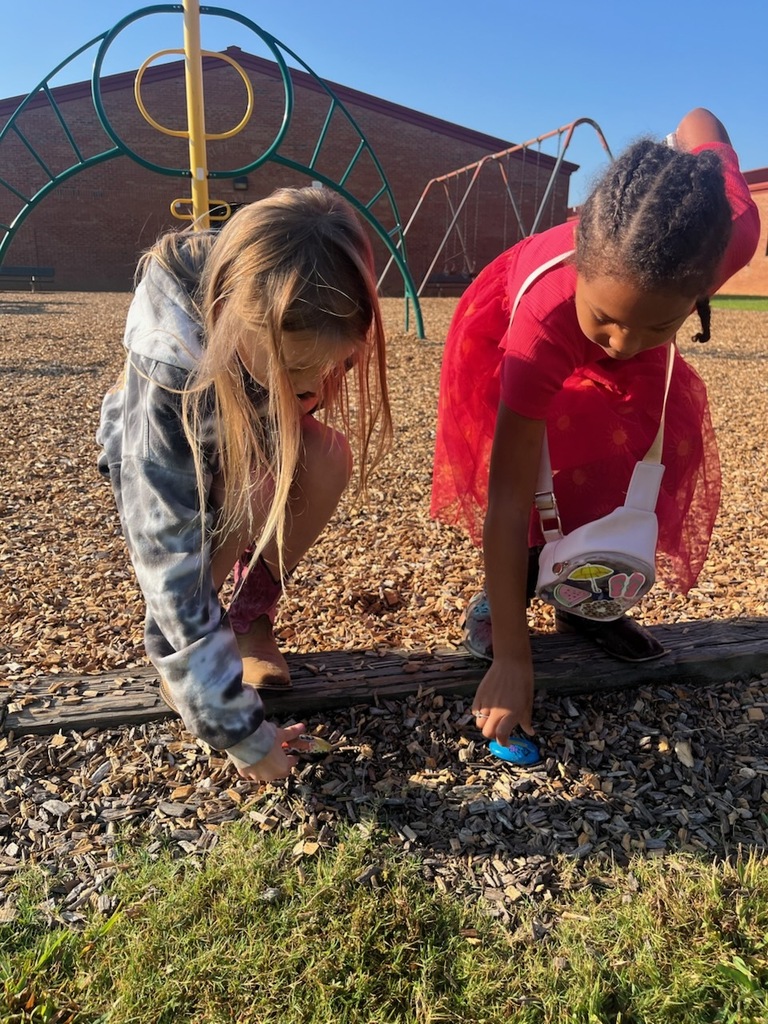 Two elementary students place painted rocks along the edge of a playground covered in wood chips. One student wears a gray sweatshirt, and the other wears a bright red outfit with a white crossbody bag. Colorfully decorated rocks are visible near their hands as they set them beside a wooden border. Playground equipment, including climbing structures and swings, stands in the background in front of a brick school building under a clear blue sky.