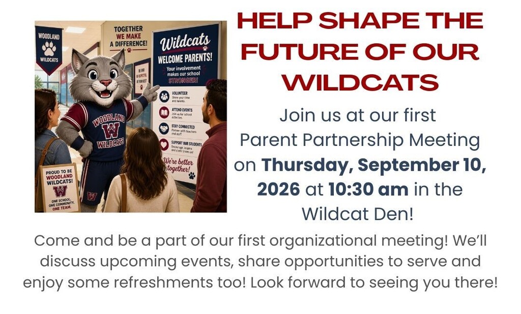 An image of a mascot, two people, and text invites the community to a Parent Partnership Meeting.