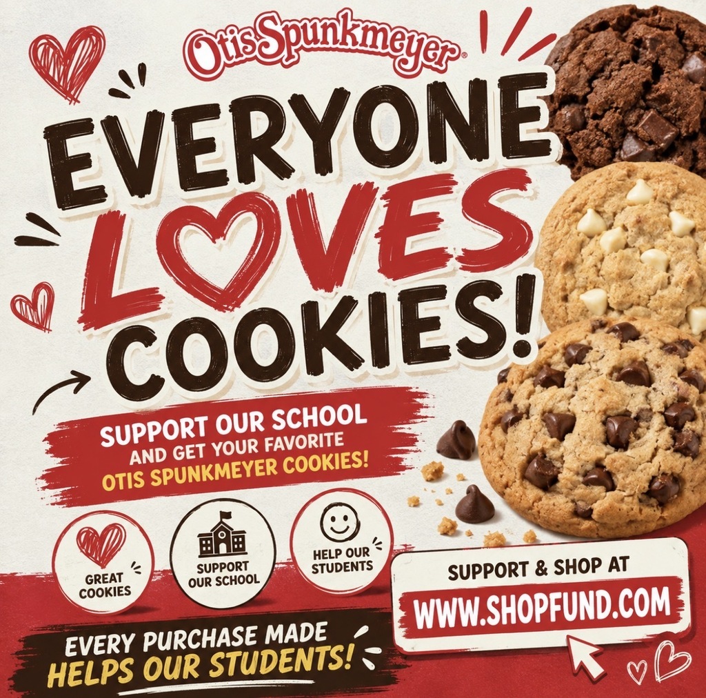 Advertising poster for Otis Spunkmeyer cookies. Text reads: "Everyone loves cookies!" with a picture of cookies.