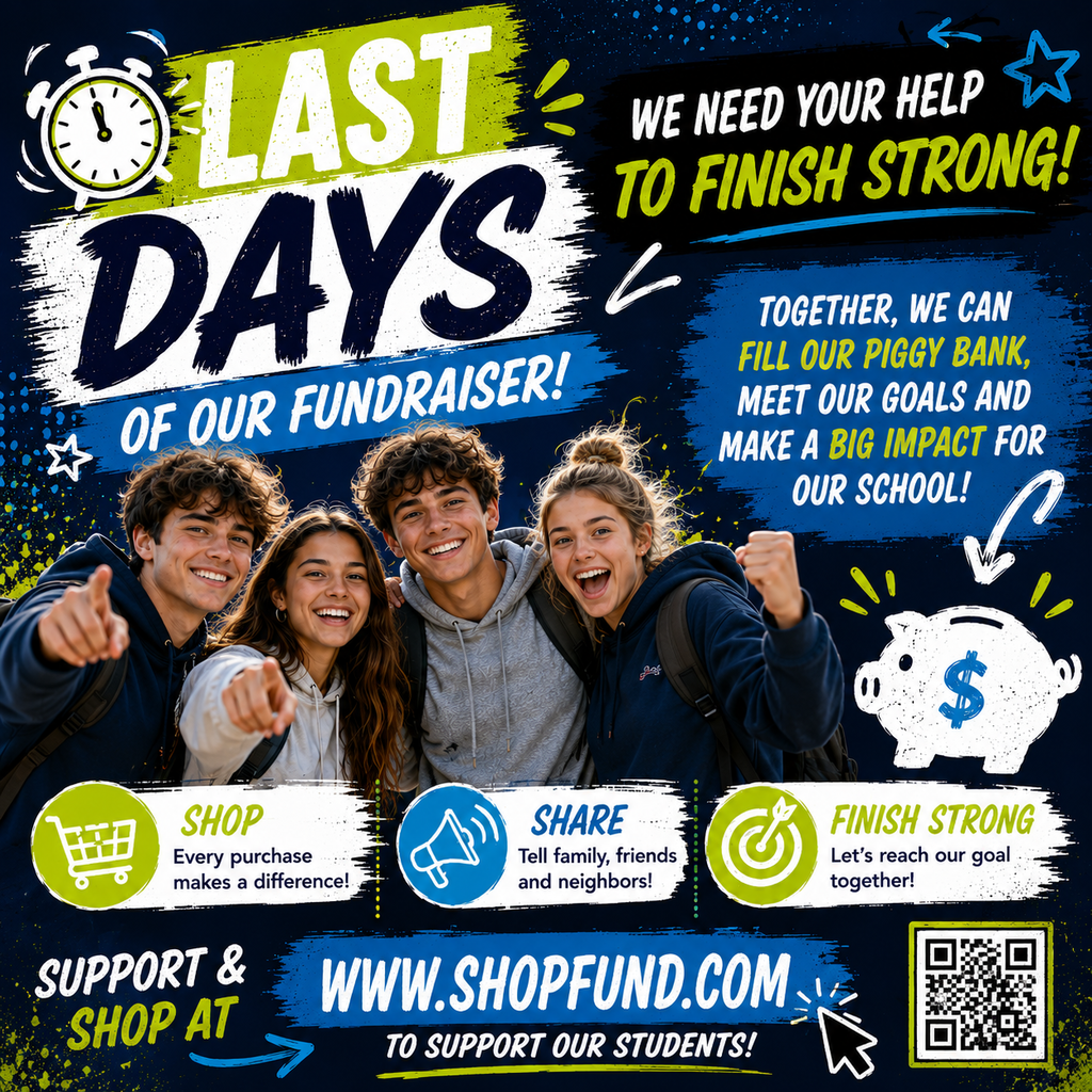 An ad displays four people smiling with text "Last Days of Our Fundraiser" and website address. Symbols include a piggy bank, shopping cart, and a megaphone.